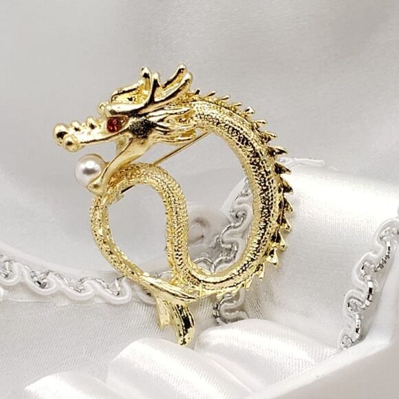 Brand New Gold Pearl Dragon Brooch Pin - Picture 2 of 4